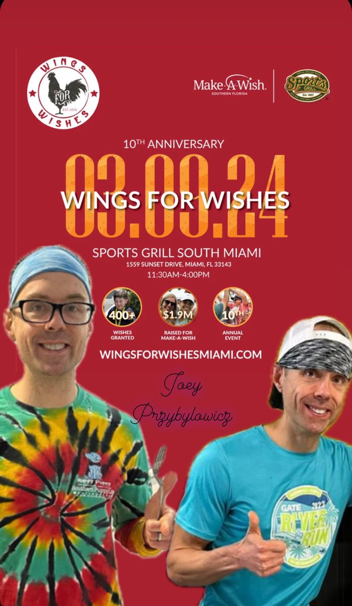 Our first competitor in the Wings for Wishes Wing Eating Championship: @JoeyPrzyby7808 ! A runner, medical professional, and loving husband and father…oh yea, dude can eat too! Can he be your 2024 Wing Champion? 3/9/24 ! Contest supporting @makeawishsfla ! Wings by @sportsgrill
