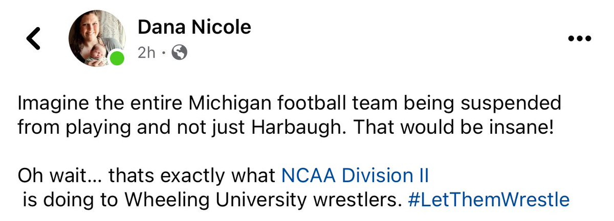 JmjatesonCards's tweet photo. Imagine the entire Michigan football team being suspended from playing and not just Harbaugh. That would be insane! 

Oh wait… thats exactly what @NCAADivisionII
 is doing to Wheeling University wrestlers. #LetThemWrestle https://t.co/hFQzXOnYTT