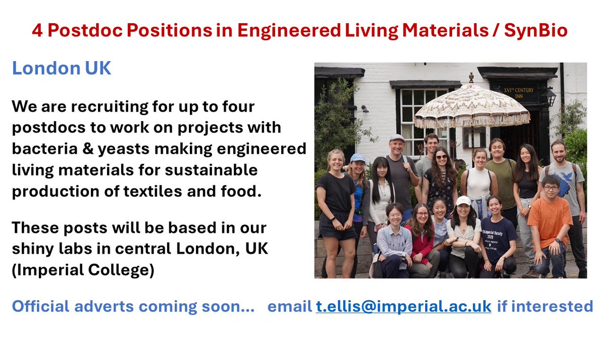 We're hiring! We're taking another big leap in using synthetic biology to engineer materials - this time for sustainable food and textiles. In the next few weeks, we've up to 4 postdoc positions opening up. I'd love to hear from anyone interested in joining us this year. Pls RT🔁