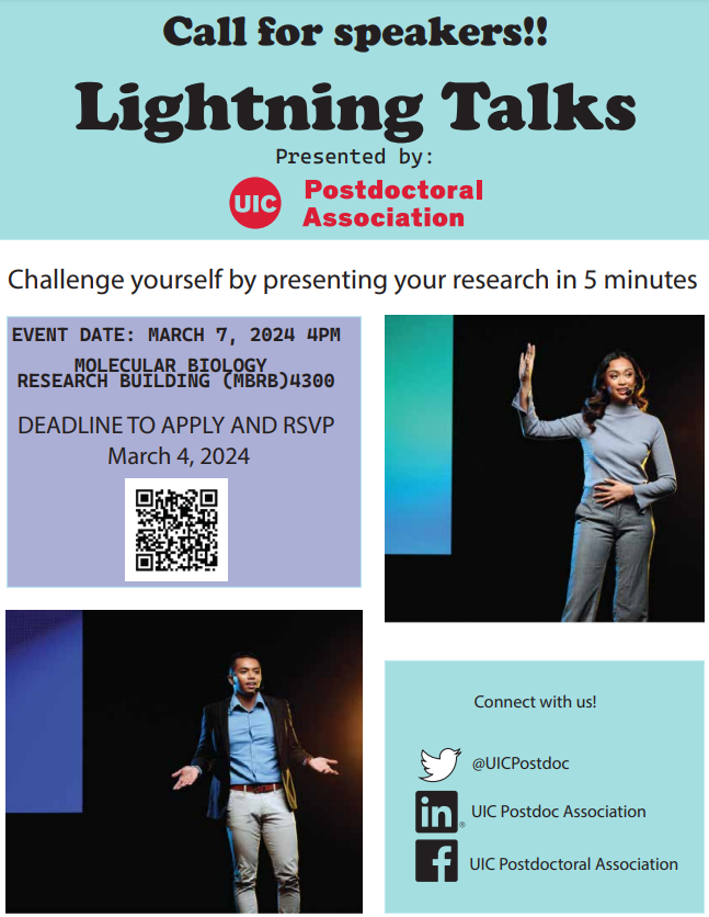 UICPostdoc's tweet image. 🚨Last chance to register!!🚨
Meet other @thisisUIC postdocs, learn about their work, and practice your #SciComm skills at our Lightning Talks event next Thursday! There will be food/drinks at the #postdoc happy hour right after.
RSVP by Monday! #PostdocLife #PostdocResearch
