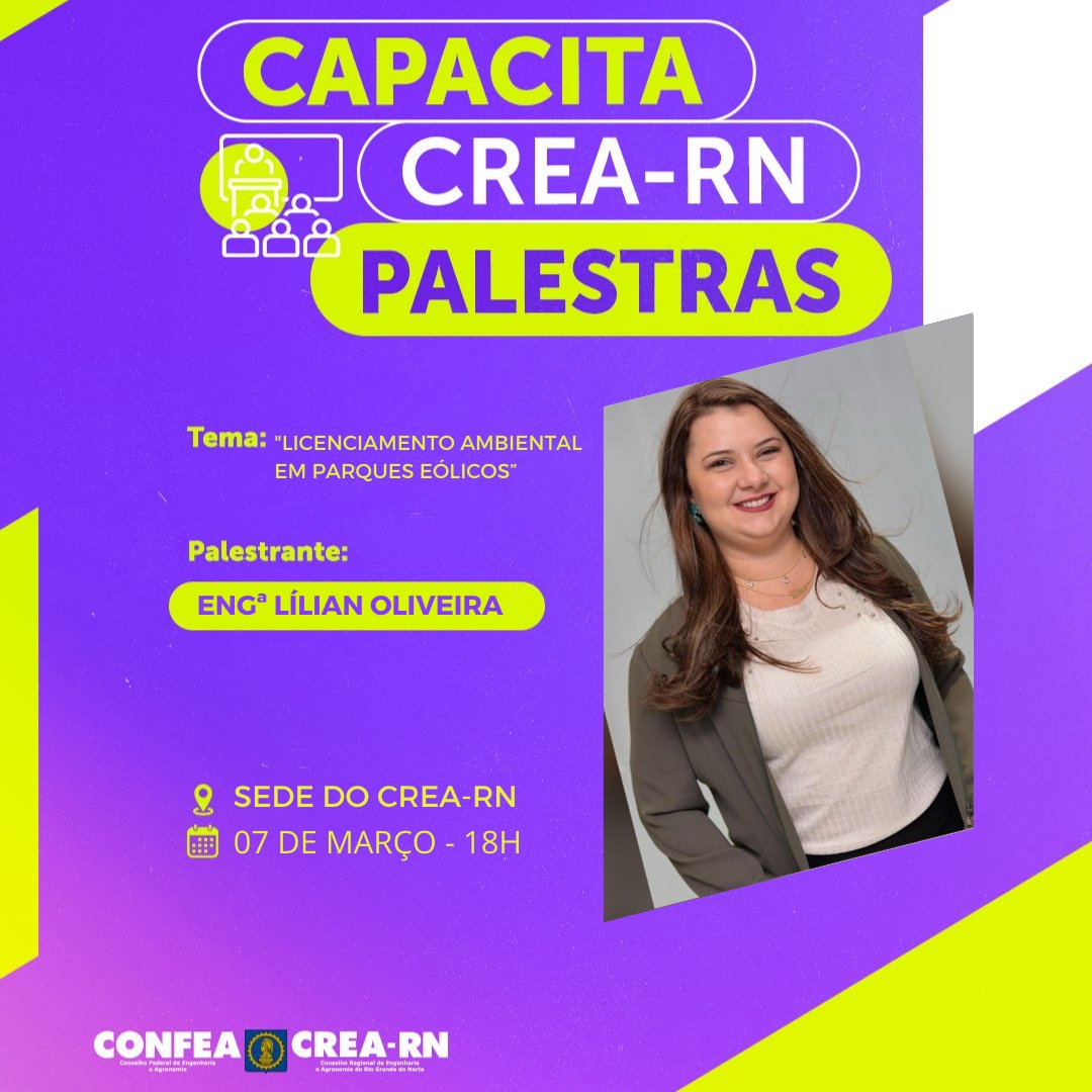 CAPACITAÇÃO É NO CREA-RN! 📚

Na próxima quinta-feira (07), às 18h, é dia de mais um Capacita Crea-RN Palestra.  Tema : "Licenciamento Ambiental de Parques Eólicos"!

Não vai perder, não é? Inscreva-se gratuitamente no nosso site: crea-rn.org.br/capacita-crea-…