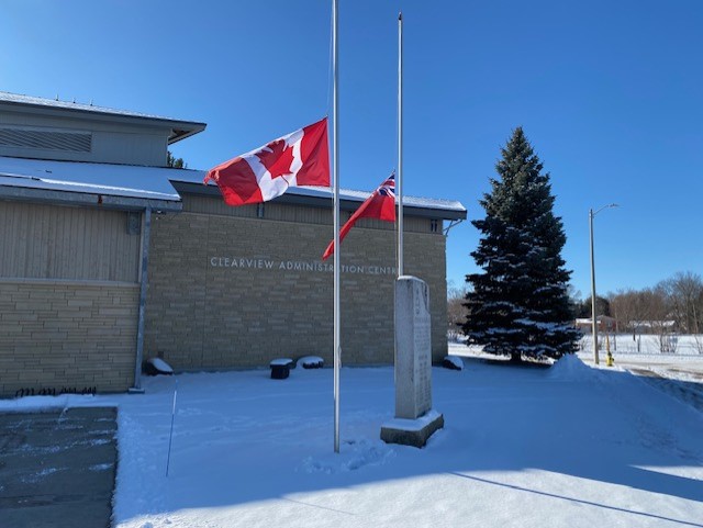 The flags at the Clearview Township Administration Centre have been lowered, to recognize the passing of Canada's 18th Prime Minister, former Prime Minister Brian Mulroney