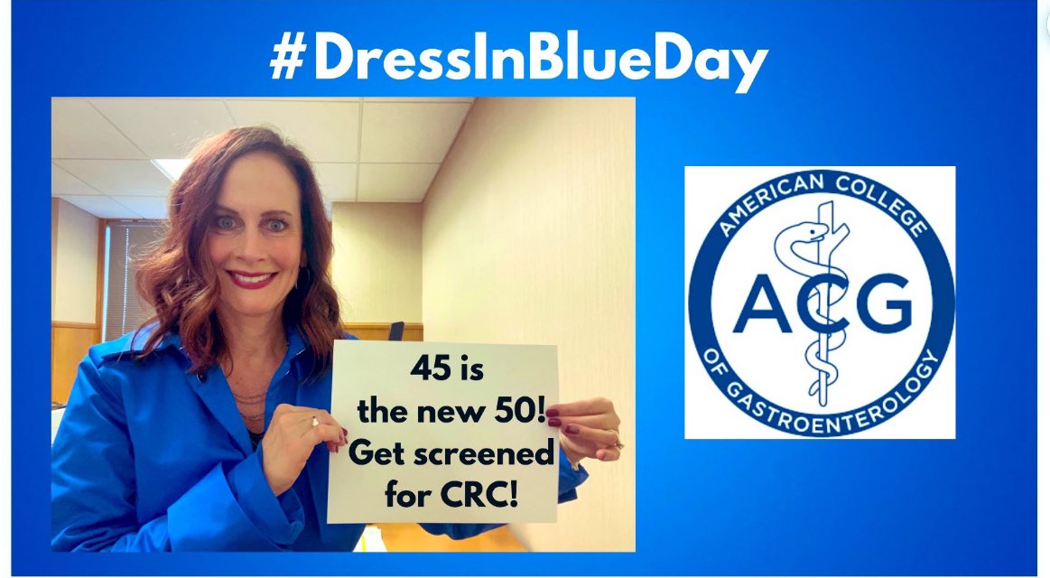 1st Friday of March is  #DressInBlueDay!

That is TODAY! 💙

Screening saves lives!

4️⃣5️⃣ is the new 5️⃣0️⃣!

(Did you really think we would pick 🟤💩)? 😂

#45IsTheNew50
#CRCAwareness 
#ColorectalCancerAwareness 
#ColorectalCancerAwarenessMonth

@AmCollegeGastro 
@katiecouric