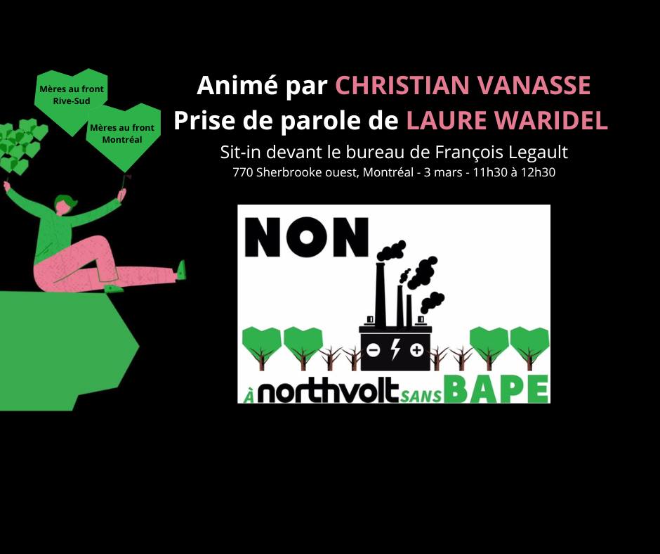 📢 Mobilisons-nous ce dimanche 3 mars 11h30, pour défendre notre environnement & nos droits au nom de nos enfants et petits-enfants! Exigeons un BAPE avant la construction de l'usine de #Northvolt. Les normes doivent être respectées!  #ActionClimat 

fb.me/e/4REmP2AGE