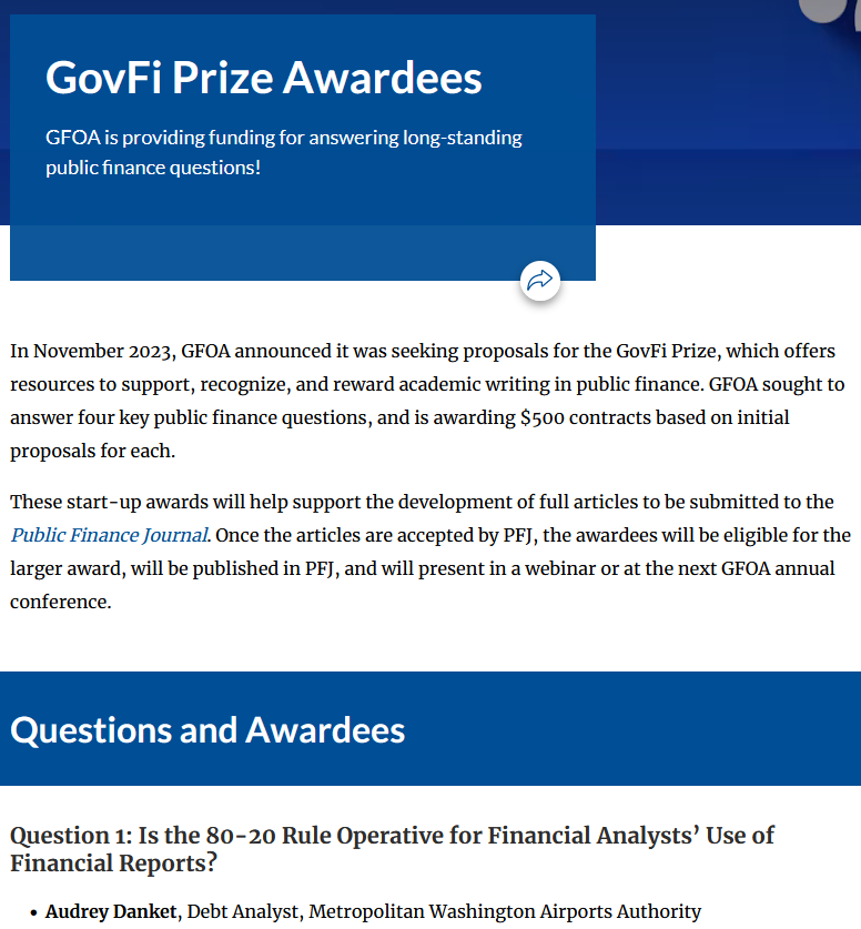 Join me in congratulating Audrey Danket for her GovFi Prize to answer the question "Is the 80-20 Rule Operative for Financial Analysts’ Use of Financial Reports?"! Looking forward to reading her findings in a future issue of Public Finance Journal! Congrats, Audrey! <a href="/GFOA/">GFOA</a>