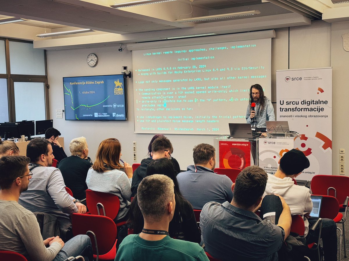 Help Net Security (@helpnetsecurity) on Twitter photo Here’s <a href="/solardiz/">Solar Designer</a> presenting Linux kernel remote logging at <a href="/bsideszagreb/">BSidesZagreb</a>
#bsides #bsideszagreb <a href="/SrceHr/">Srce</a> Here’s <a href="/solardiz/">Solar Designer</a> presenting Linux kernel remote logging at <a href="/bsideszagreb/">BSidesZagreb</a>
#bsides #bsideszagreb <a href="/SrceHr/">Srce</a>