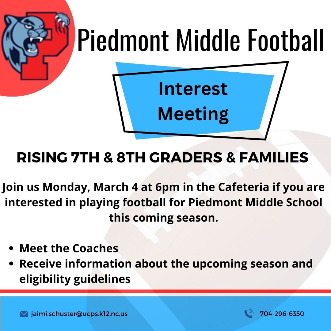 Interested in playing football next school year? Rising 7th &amp; 8th graders may attend a meeting on Monday to meet the coaches and learn about the athletic program. @aghoulihan @ucpsnc