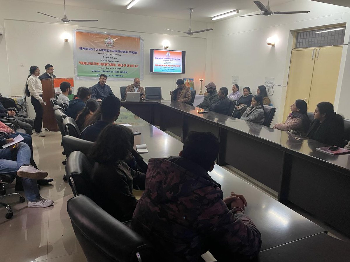 The Department of Strategic and Regional Studies (DSRS),  University of Jammu organized a Public Lecture titled “Israel-Palestine Recent Crisis: Role of the UN and ICJ” today in its seminar hall. @OfficeOfLGJandK