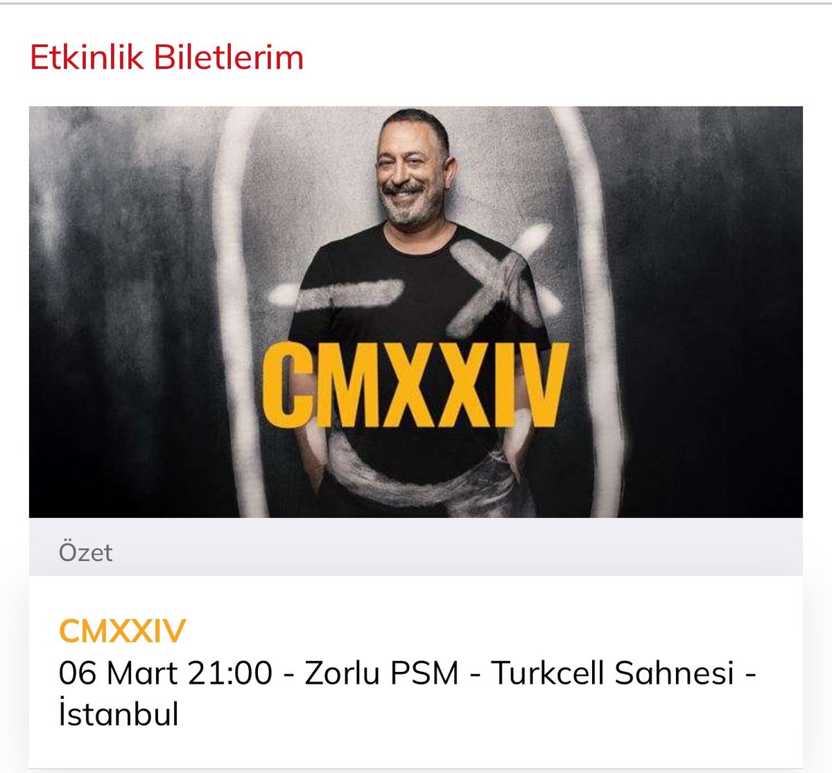 6 mart çarşamba  için cem yılmaz bileti bulunur
#1.kategori normal fiyatına
#cemyılmaz 
#bilet 
#biletdevir 
#CMXXIV