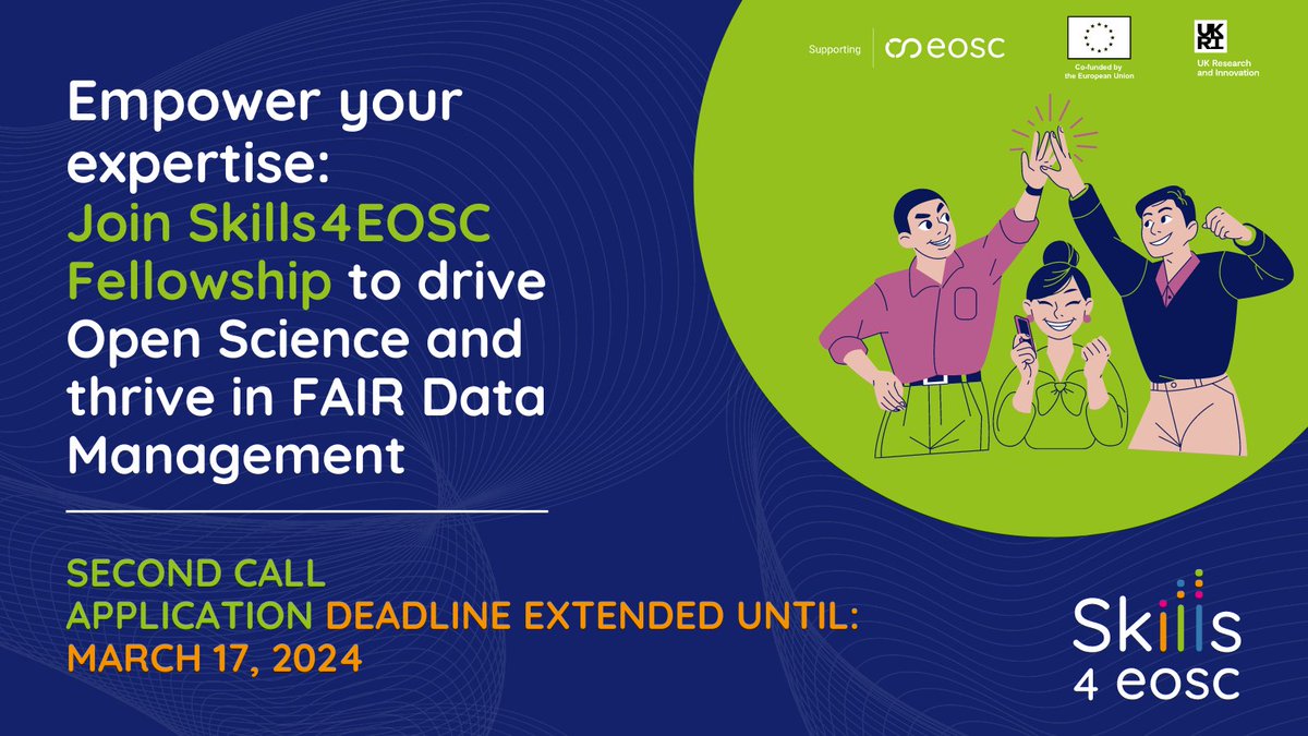 🚨 The #Skills4EOSC Fellowship Programme call has been extended until 📆March 17th, 2024. Don't miss this opportunity to join the thriving #OpenScience #FAIR community and contribute to innovative projects. Learn more and apply now: bit.ly/44vvoe8