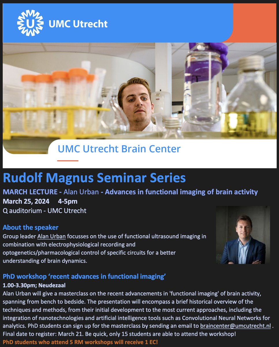 OpenfUS's tweet image. Are you interested in learning more about the most recent research and developments in functional ultrasound imaging? If so, consider attending the Rudolf Magnus Seminar Series in the Netherlands
March 25, 2024 4-5pm
@__NERF @CBD_VIB @KU_Leuven @VIBLifeSciences