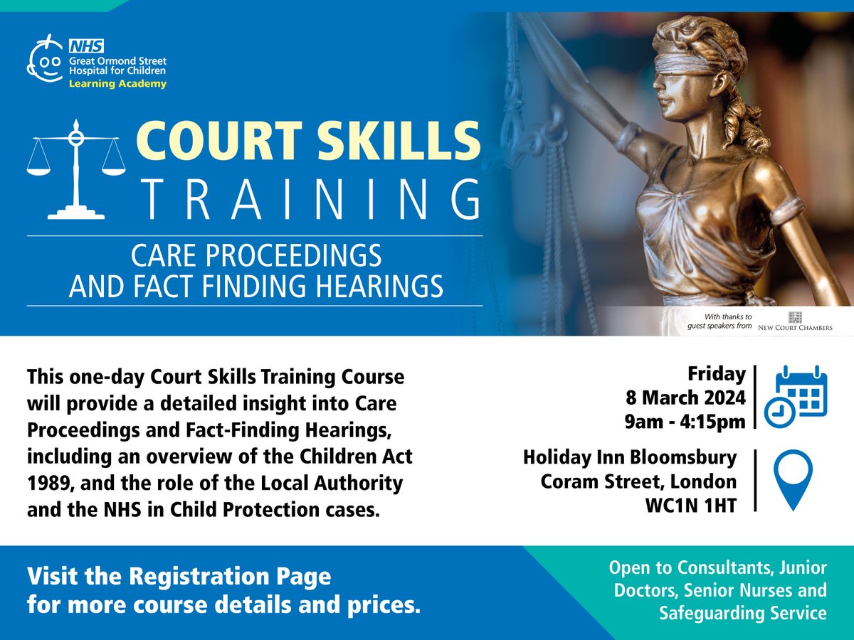GOSHLearnAcad's tweet image. Only one week left until our Court Skills Training Course kicks off!

Secure your spot now and gain the confidence you need to give evidence in court.

Limited tickets available: courses.gosh.org/event/Court_Sk…  

#CourtSkills #education #training #Mocktrial