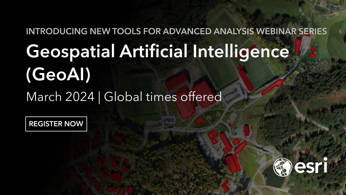 esrirwanda's tweet image. Join Esri upcoming webinar series and unleash the power of #GeoAI! Learn how advanced techniques can help you detect clusters, calculate change, find patterns, and forecast future events. 
#GIS #SpatialAnalytics
Register here: shorturl.at/qNQU7