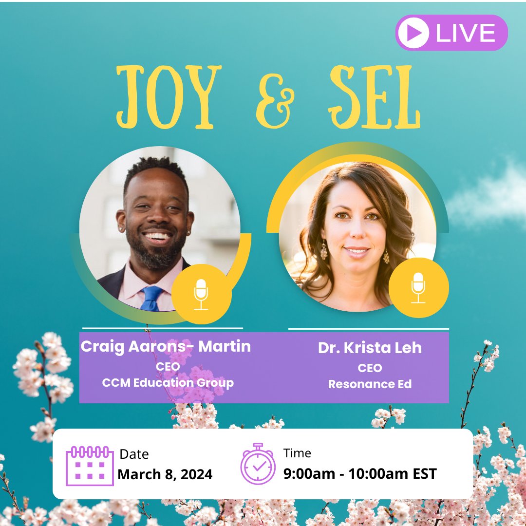 Craig Aarons-Martin and I celebrating SEL Day with a live show all about the Joy in SEL! Join us on March 8th at 9 AM Eastern across all social media platforms. Tune in and spread some joy with us!