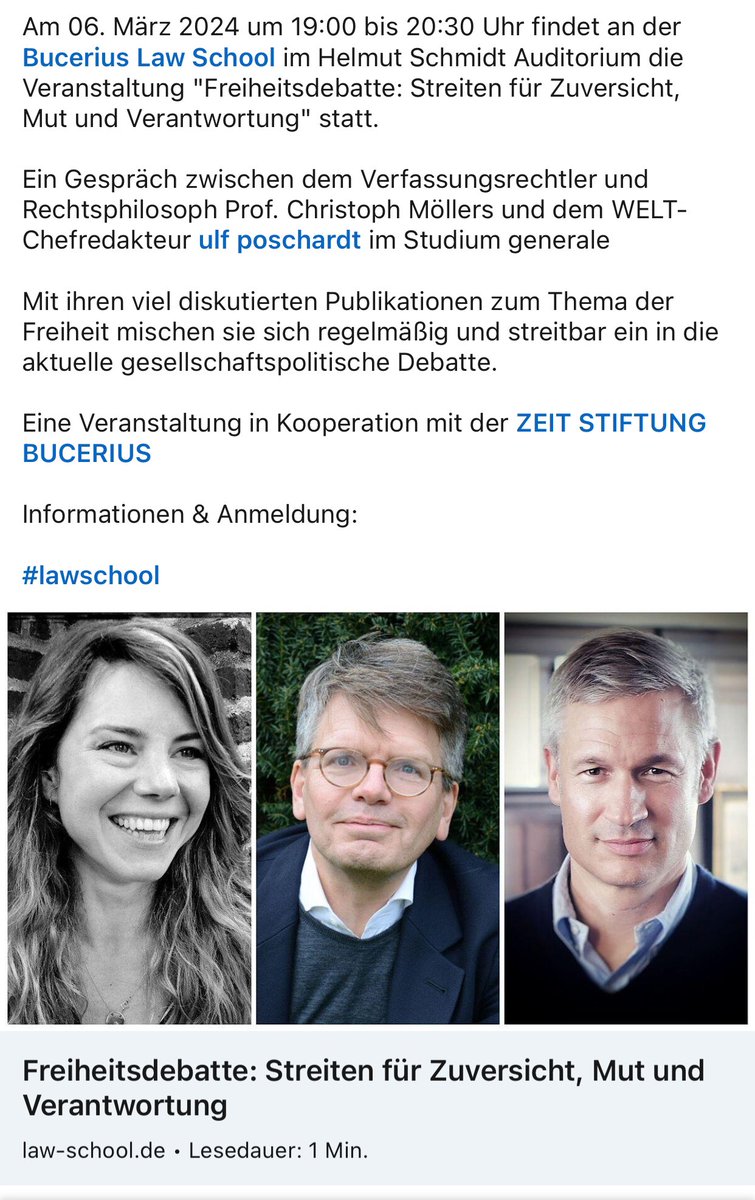 Hamburg. Am Mittwoch um 19 Uhr diskutiere ich mit @ChristophMllers an der Bucerius Law School über: Freiheit 🗽. Moderiert von @kbennhold. Noch sind letzte Plätze frei. law-school.de/termin/freihei…