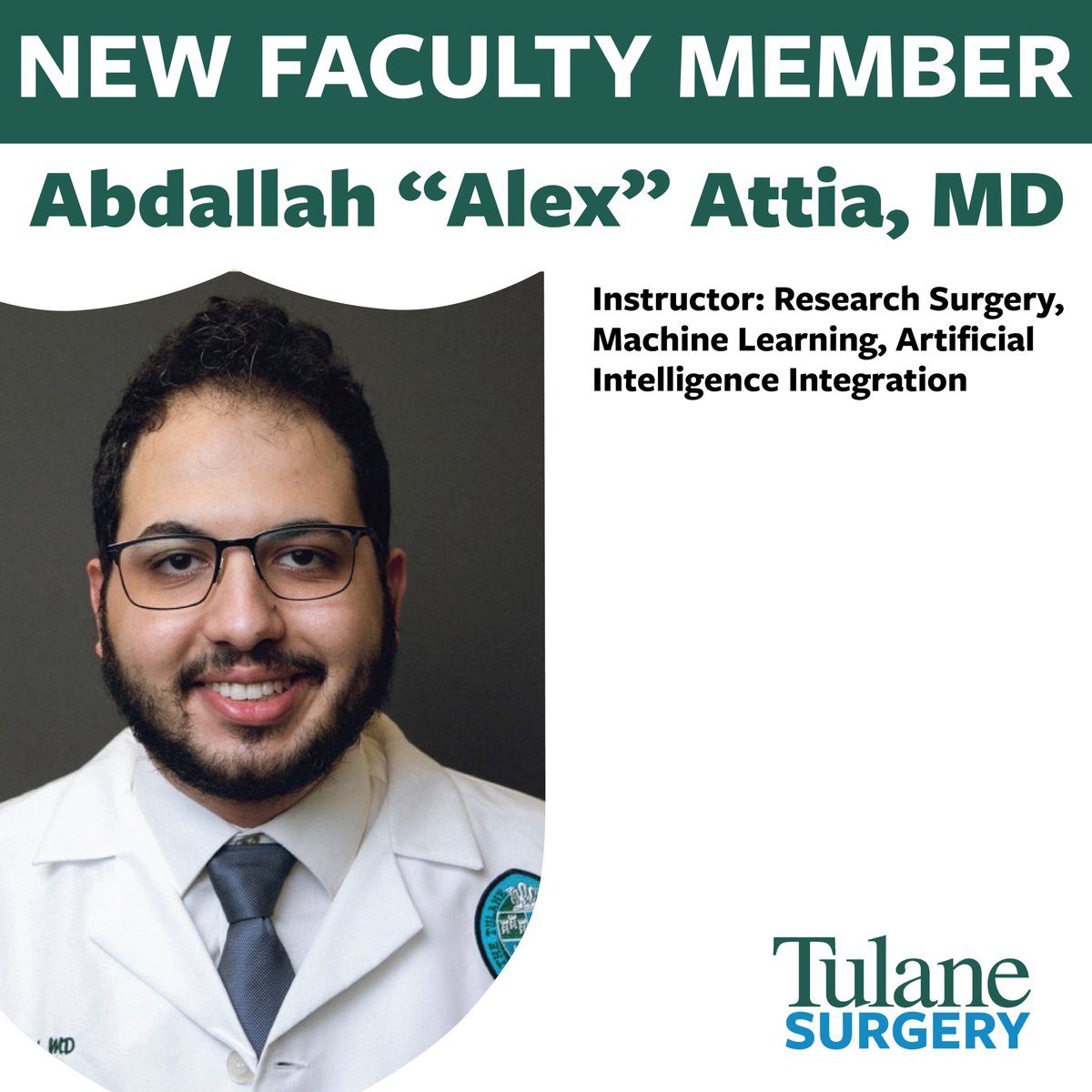 We are thrilled to have Dr. Abdallah “Alex” Attia join us as one of our newest faculty members! Dr. Attia joins as an Instructor of Research Surgery, Machine Learning, and Artificial Intelligence Integration. #tulanesurgery #AI #tulaneresearch