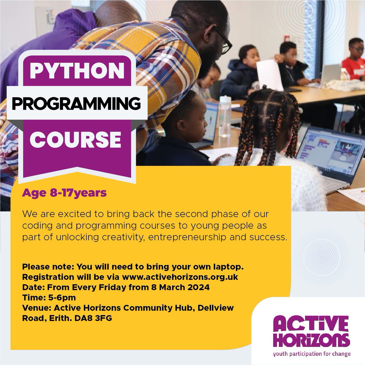 Registrations now open for the Python programming skills course for young people. We are excited to bring this next level of the coding program that we started offering last year. Places are limited. Visit website to register activehorizons.org/event/coding-p…