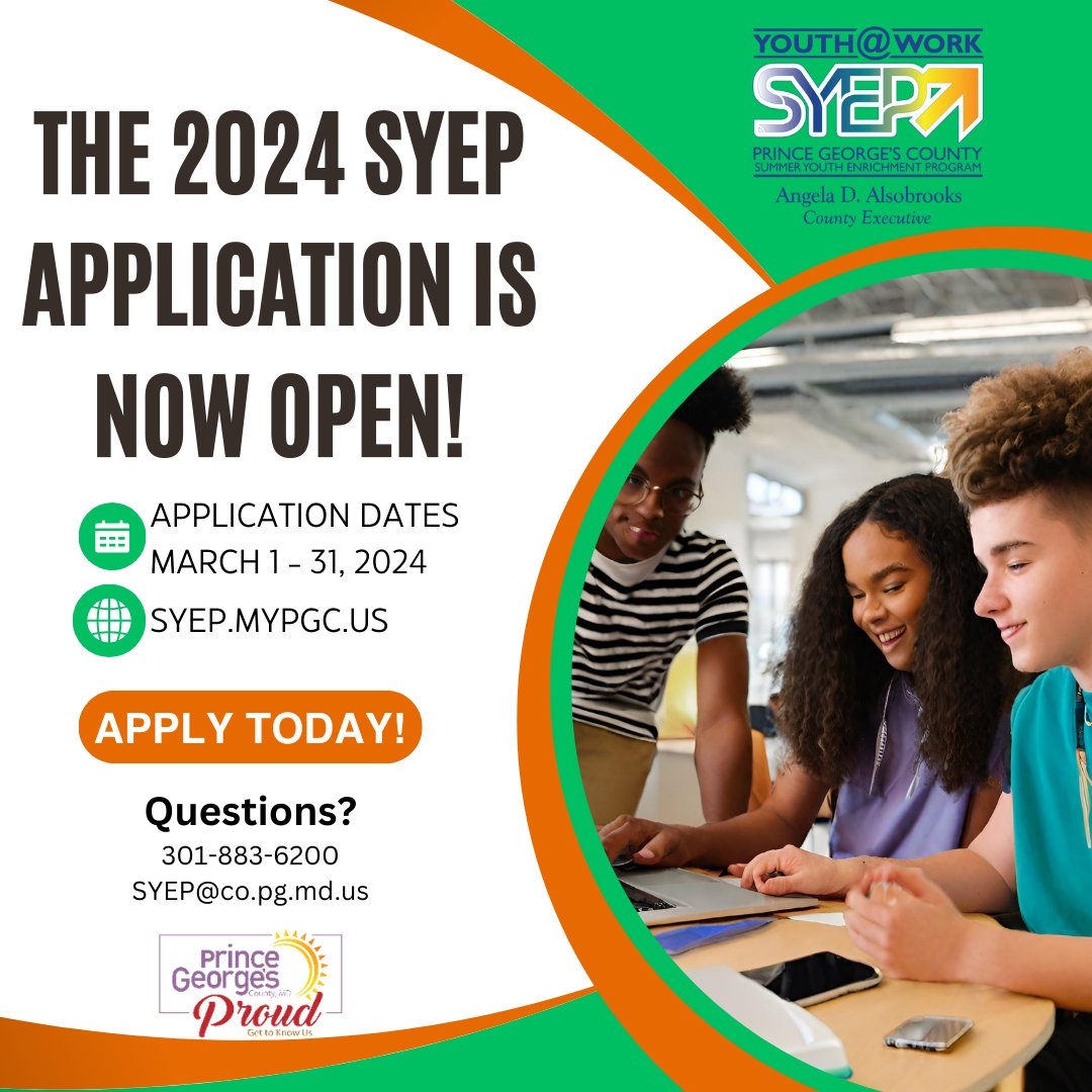 Attention Prince George's County residents ages 14-24, the 2024 Summer Youth Enrichment Program (SYEP) application is now open! Apply today:   princegeorgescountymd.gov/departments-of… 
#PrinceGeorgesProud #readytowork #pgcsyep #SummerJobs