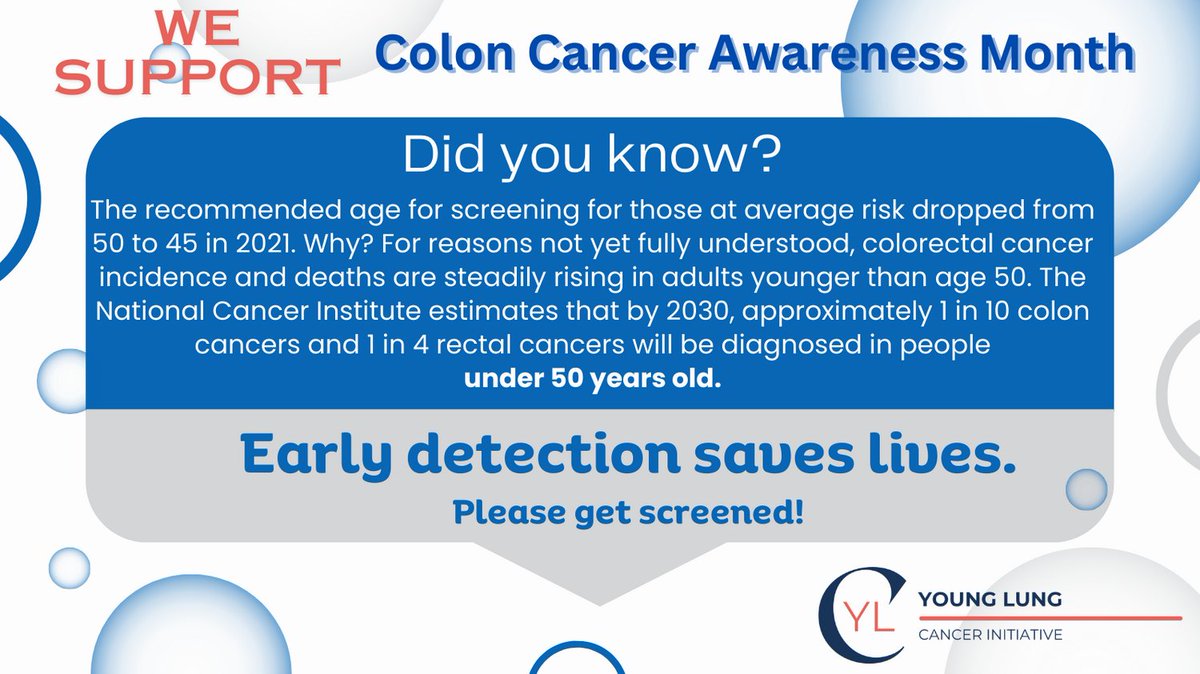 YoungLungCancer's tweet photo. As the number of young adults diagnosed with late stage cancers are on the rise, it's important we take a closer look at screening criteria and expand research to understand more of the reasons why. Early detection saves lives! #visibility #coloncancer #earlydetection #ylci https://t.co/8MdbWyzZfC
