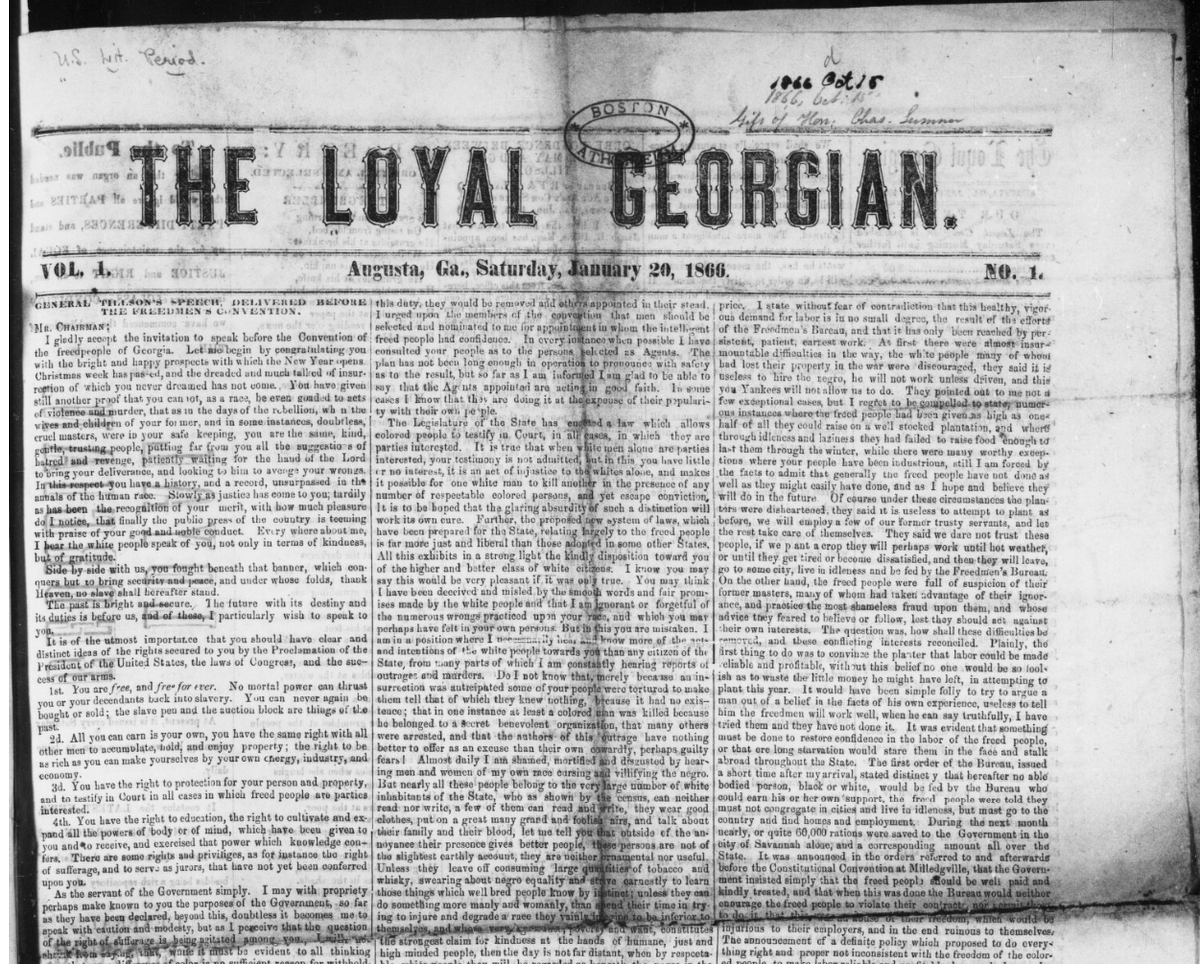 Courtesy of the Library of Congress, issues of the Loyal Georgian are now available via Georgia Historic Newspapers! The weekly paper promoted African American educational access and enfranchisement. #augustaga #blackhistory

Full issue: gahistoricnewspapers.galileo.usg.edu/lccn/sn8201622…