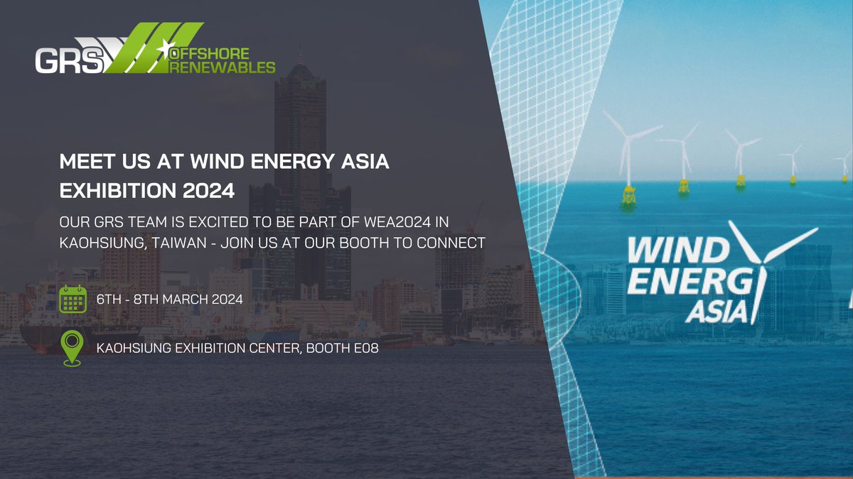 GRS will be participating in the #WindEnergyAsia Exhibition in Kaohsiung, Taiwan, from March 6th to 8th! Join us at Booth E08 to explore potential collaborations. To schedule a meeting with our team, please reach out to us via email at taiwan@grs.group. #WEA2024 #Kaohsiung