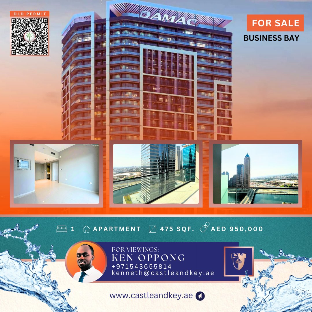 Live #luxurious with a #dubaihome next to the vibrant #dubaicanal. 1-bedroom #dubaiapartment in top performing location, walking distance to #dubairestaurants & #dubaioffices. For viewings, contact: Ken Oppong, Portfolio Manager via +971543655814 / e-mail: kenneth@castleandkey.ae