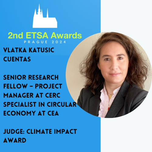 <a href="/KatusicVlatka/">Vlatka KATUSIC</a>  from <a href="/CERCParis/">CERC - Circular Economy Research Center</a>  is our judge for the #ClimateImpactAward, which will be awarded during our awards ceremony at the upcoming ETSA Congress in Prague! 

Only 29 Days left to apply! 👇👇👇👇

lnkd.in/epP4gErd