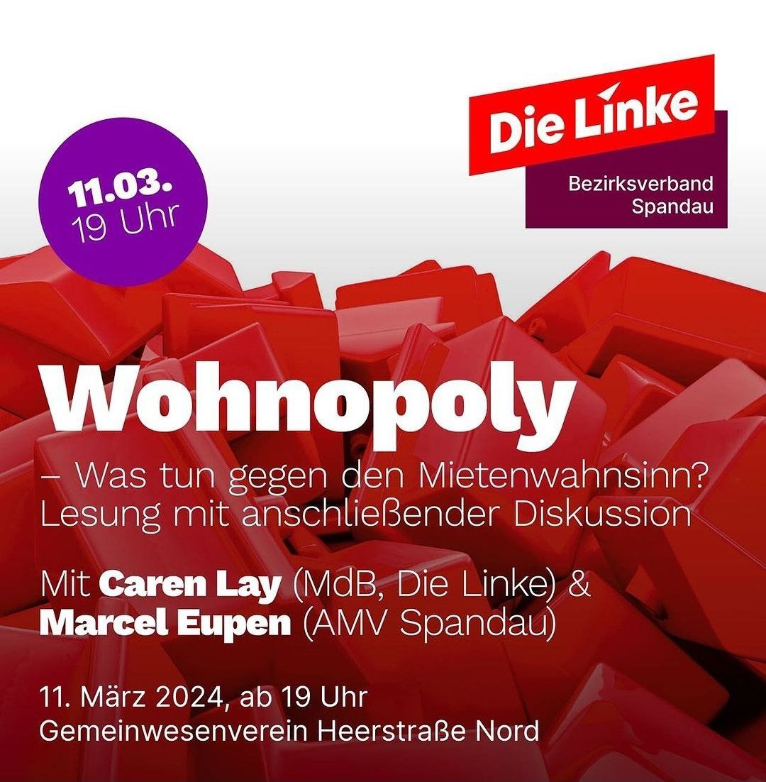 Ich freue mich auf meine nächste Lesung am 11. März in #Berlin #Spandau! Anschließend gibt es eine wohnungs- und mietenpolitische Diskussion mit euch und Marcel Eupen. Kommt vorbei!