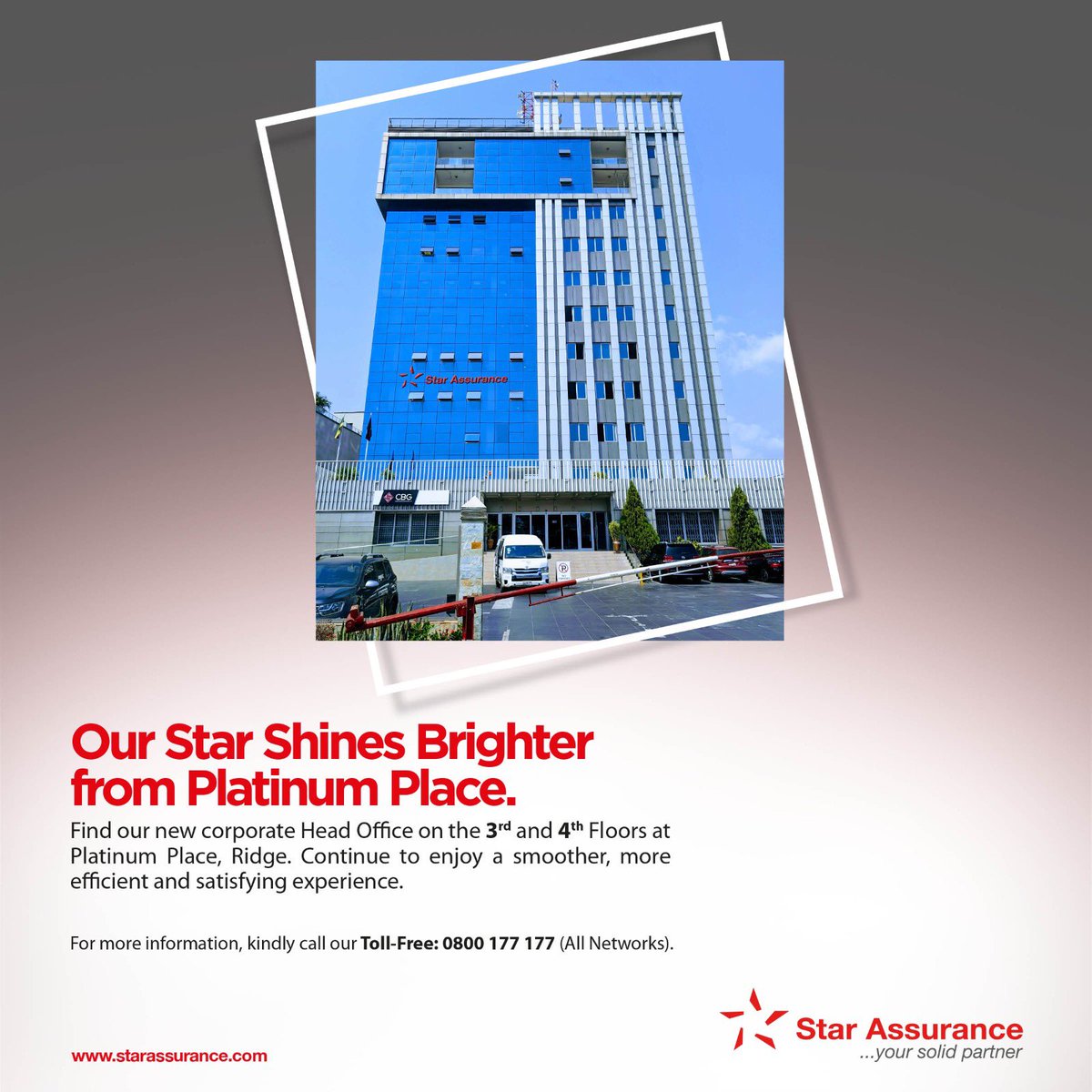 Star Assurance is closer to you!

Find their new corporate Head Office on the 3rd and 4th Floors at Platinum Place, Ridge. Continue to enjoy a smoother, more efficient and satisfying experience.

#StarAssurance