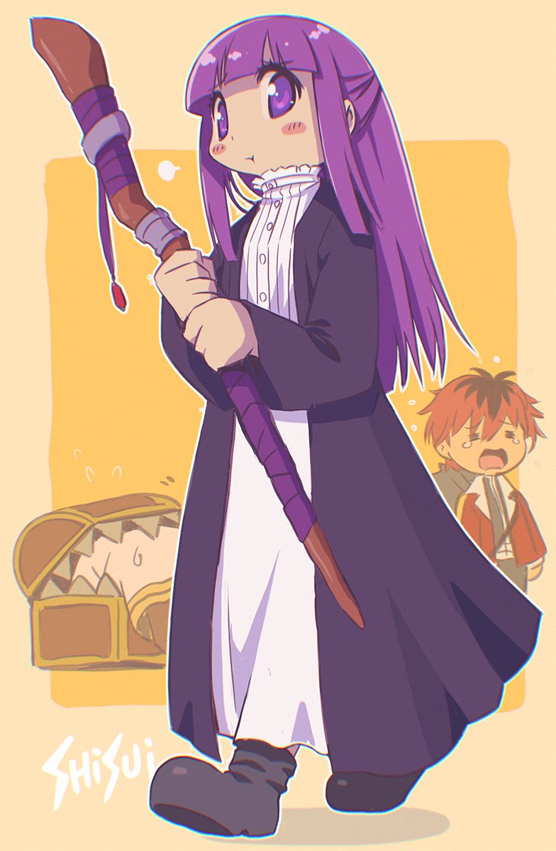 fern (sousou no frieren) ,stark (sousou no frieren) purple hair purple eyes long hair dress 1girl staff holding  illustration images