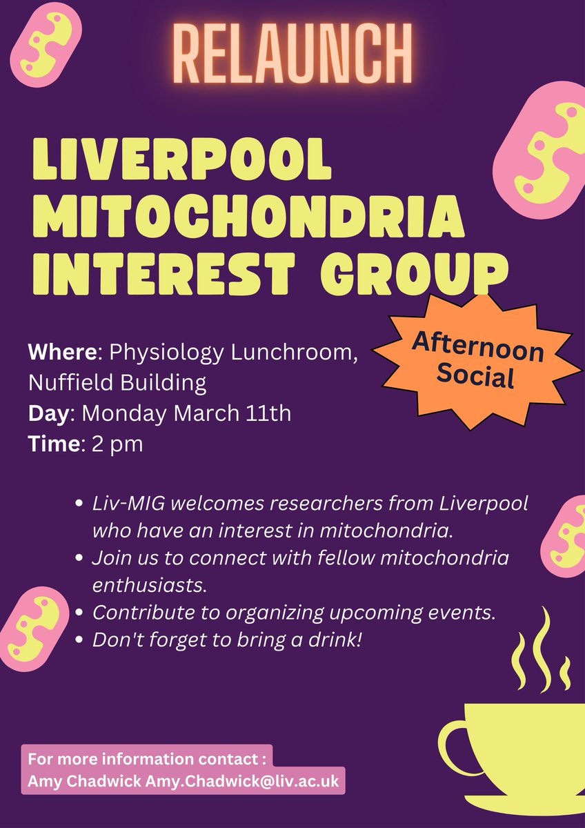 🔬 Calling all Liverpool Mitochondria Researchers! Exciting news: the Mitochondria Interest Group is making a comeback! Please come along to our relaunch afternoon social, 11th March, UoL. Let's reboot Liv-MIG together! Contact me for details @LivUniISMIB @LivuniILCaMS