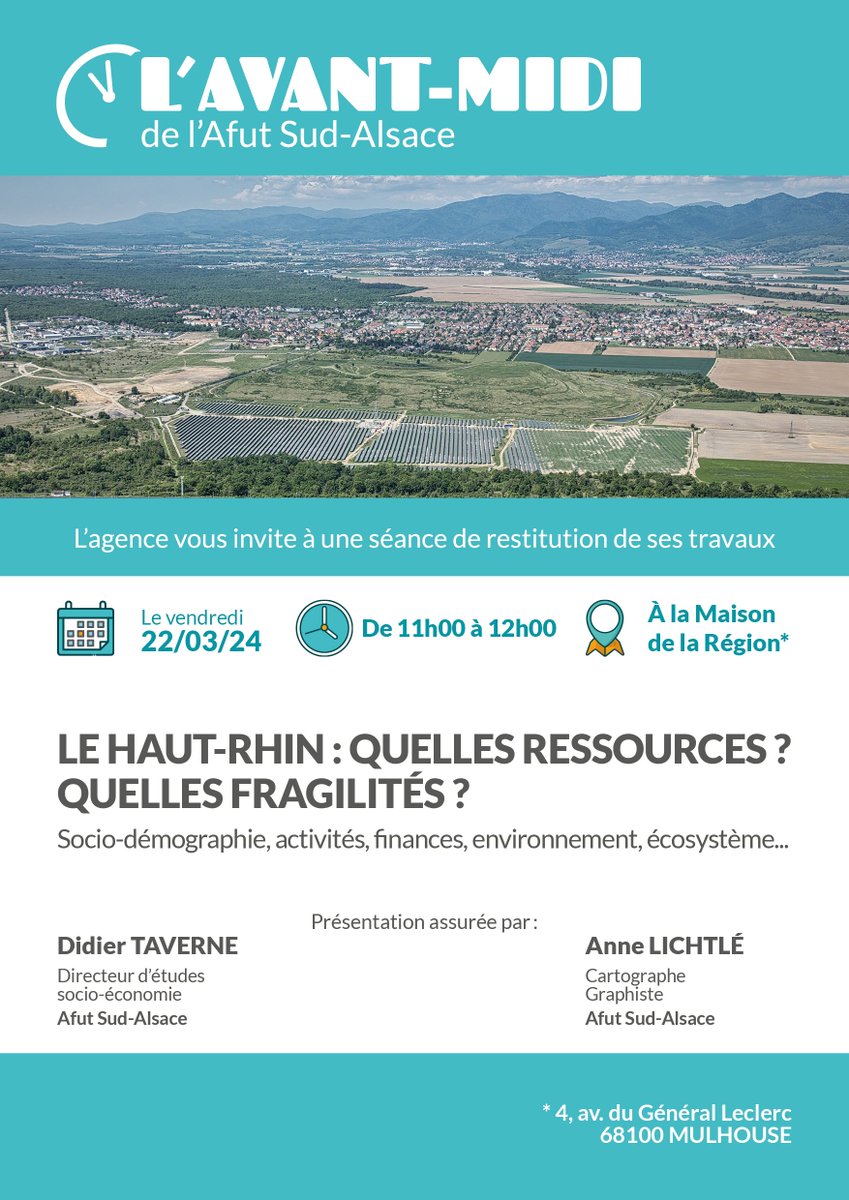 afutsudalsace's tweet photo. [Invitation Avant-Midi] Le 22 mars, l'Afut Sud-Alsace vous invite à une séance de restitution de ses travaux. Elle traitera des ressources et des fragilités de notre territoire. Info &amp; résa👉https://t.co/de083UkDTI…
@MulhouseAgglo
@mulhouse https://t.co/iLZtqQn4z7