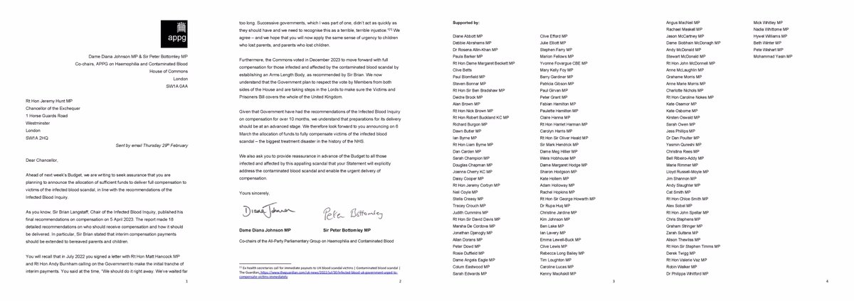 118 MPs from 10 political parties have written to the Chancellor of the Exchequer @jeremy_hunt ahead of next week's Budget Statement asking for @hmtreasury to allocate the funds needed to implement the April 2023 final @bloodinquiry recommendations on infected blood compensation.