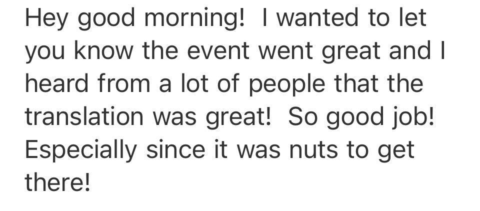 SpecTranslators's tweet image. Nice way to start the weekend with the client’s feedback of the two interpreting assignments provided yesterday in Madrid and Munich. 😊