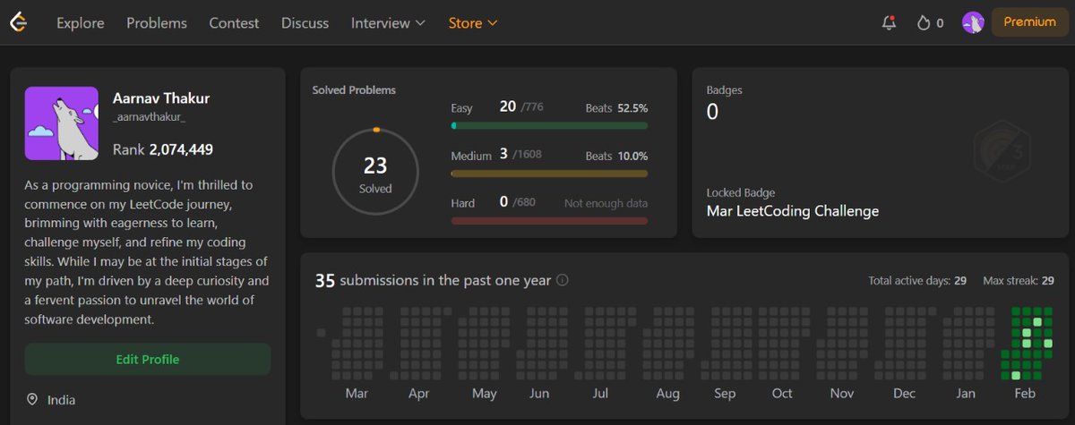 _aarnavthakur_'s tweet image. One month down on my LeetCode journey!  It&apos;s been a challenging but rewarding experience so far. I&apos;ve learned a lot about new algorithms and data structures. Here&apos;s to continued learning and growth!❤️✨
Day : 29
#leetcode
#progrmming