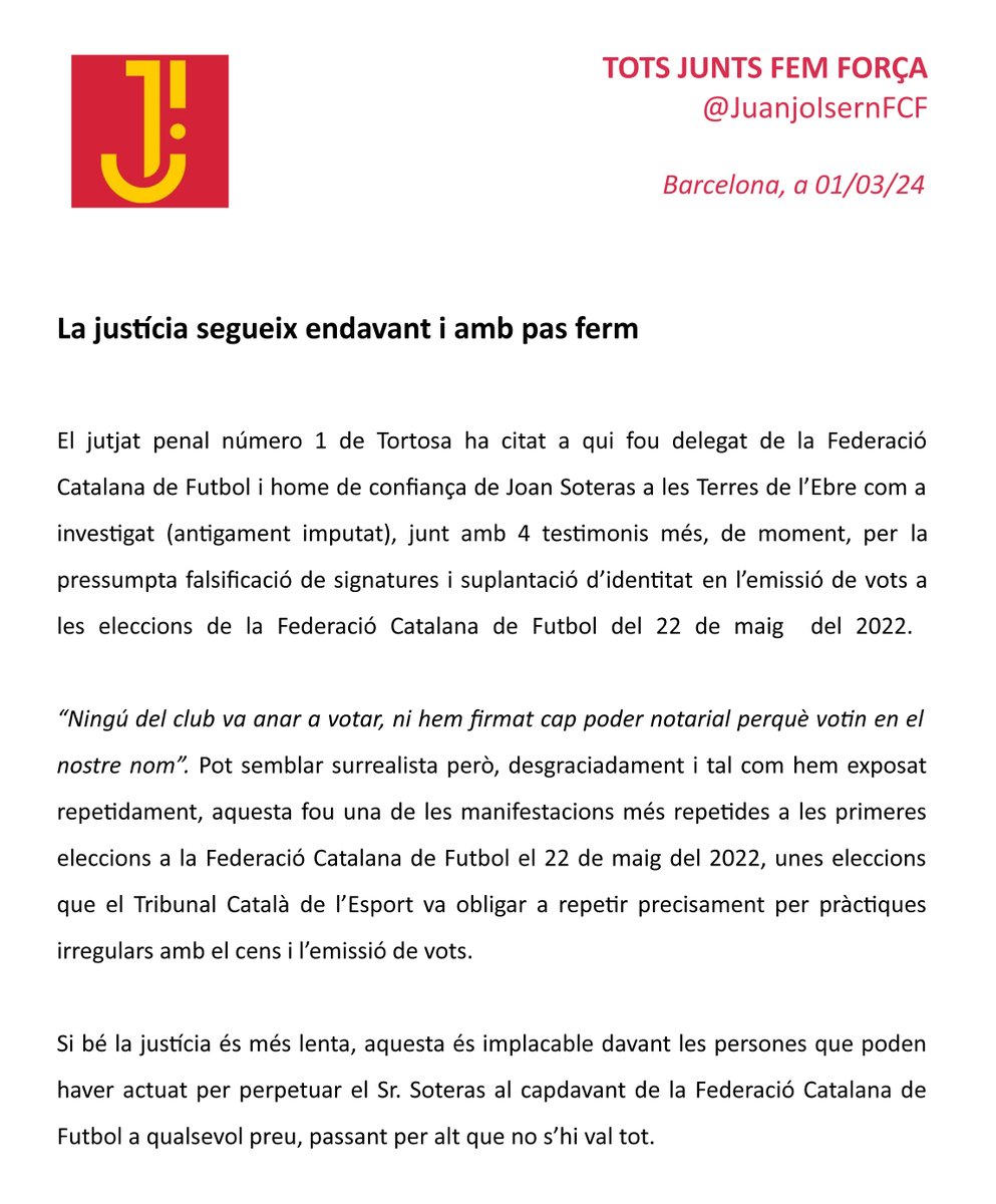 🔴 La justícia segueix endavant i amb pas ferm

📰 Comunicat de Tots Junts Fem Força 👇🏽

#futbolcat #futsalcat #futbol