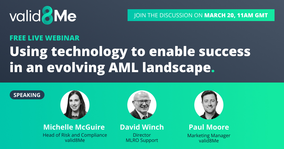 valid8Me_com's tweet image. Join Michelle, David, and Paul for a discussion on technology that can make a real difference to your firm ✅

Wednesday March 20th @11am😃

Register here: lnkd.in/eMs9q8BJ

#AMLtechnology #webinar #valid8Me