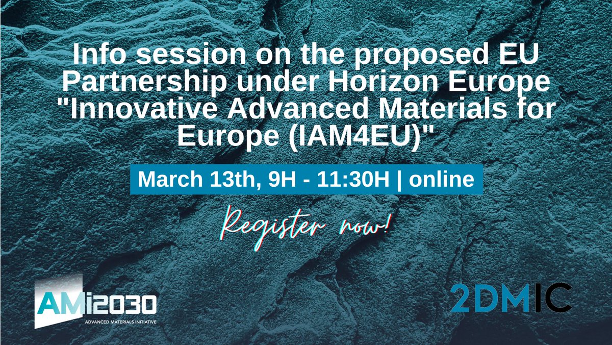 📅Do you want to know more about the status of the proposed co-programme partnership on innovative #advancedmaterials #IAM4EU &amp; how to further contribute? Join our Info Session on Mar 13!

🔗ami2030.eu/events/mar-13-…

Organised by <a href="/GrapheneEU/">Graphene Flagship 🇪🇺</a>/2DMI &amp; AMI2030

<a href="/Emiri_Europe/">EMIRI</a> <a href="/SusChem/">SusChem ETP</a>