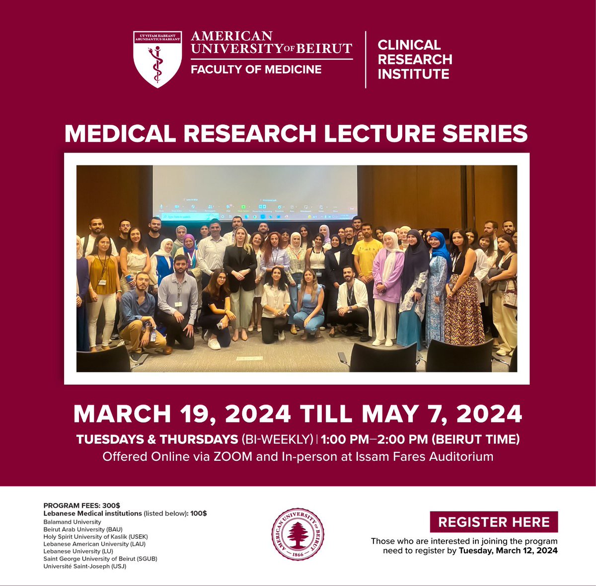 Register now to our Medical Research Lecture Series Cycle 3👇 Registration through the link: redcap.aub.edu.lb/surveys/?s=DYC… Registration Deadline: Tuesday March 12, 2024 at 12pm Beirut Local Time @AUB_Lebanon @AUBMC_Official @martinebejjani @Marlene__ch @Elie__Akl @HakimLara @AUB_FM