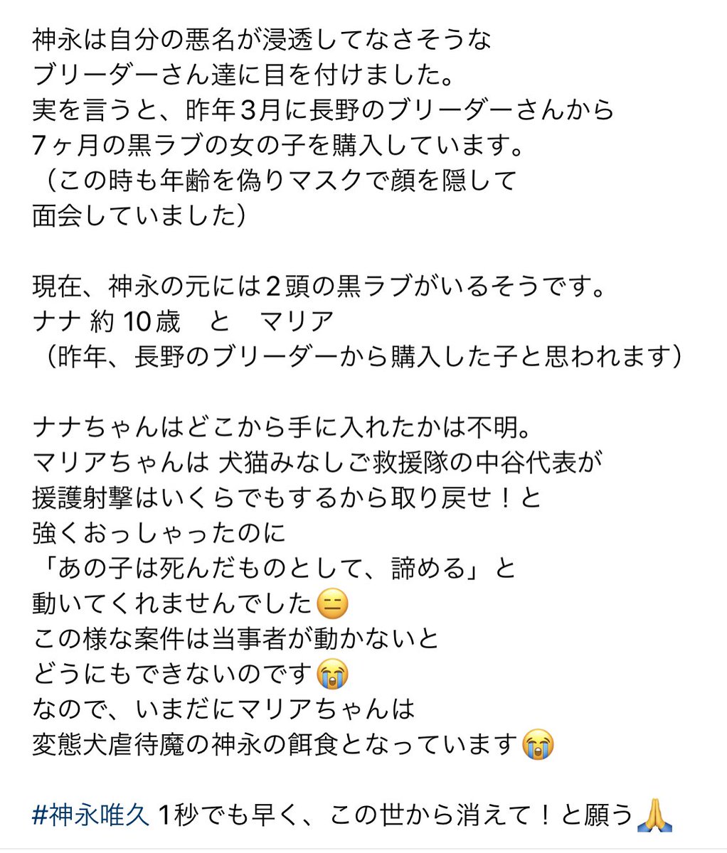 TcocoTcocoT's tweet photo. この爺に犬を渡さないで

虐待目的で犬を手に入れようと企む爺

保護犬譲渡会では相手にされず 
10歳も歳を誤魔化して
次々とブリーダーから引き取ったり購入しています！

どこに出没するかわからない動物虐待爺

#拡散リポストご協力お願いいたします 
#北陸 #栃木 #長野 
#神永唯久 に要注意 https://t.co/kv78HEyuTH