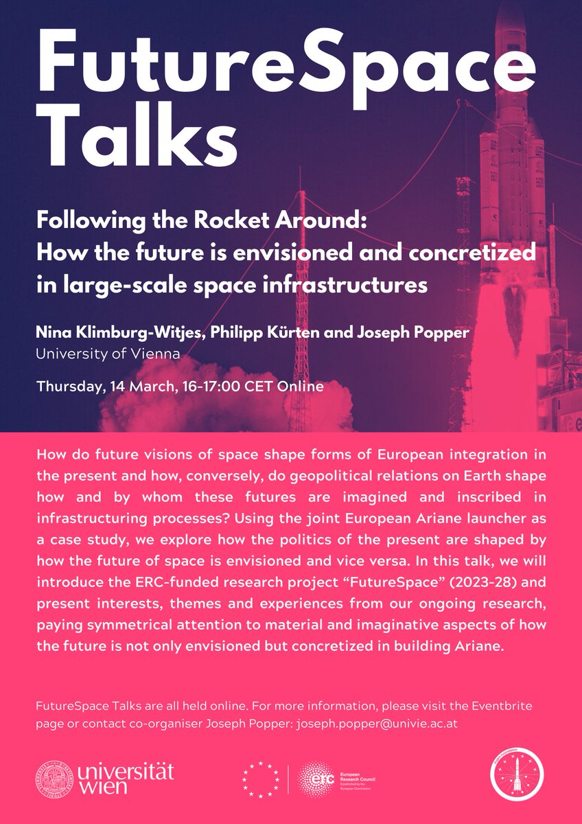 Ever wondered how to follow a rocket around & how visions of space shape the politics of the present? Come and join us for the very first #FutureSpace online talk of the year at the STS Dep. Vienna! 🥳Everyone is welcome, but please register here tinyurl.com/bdf7w8tb