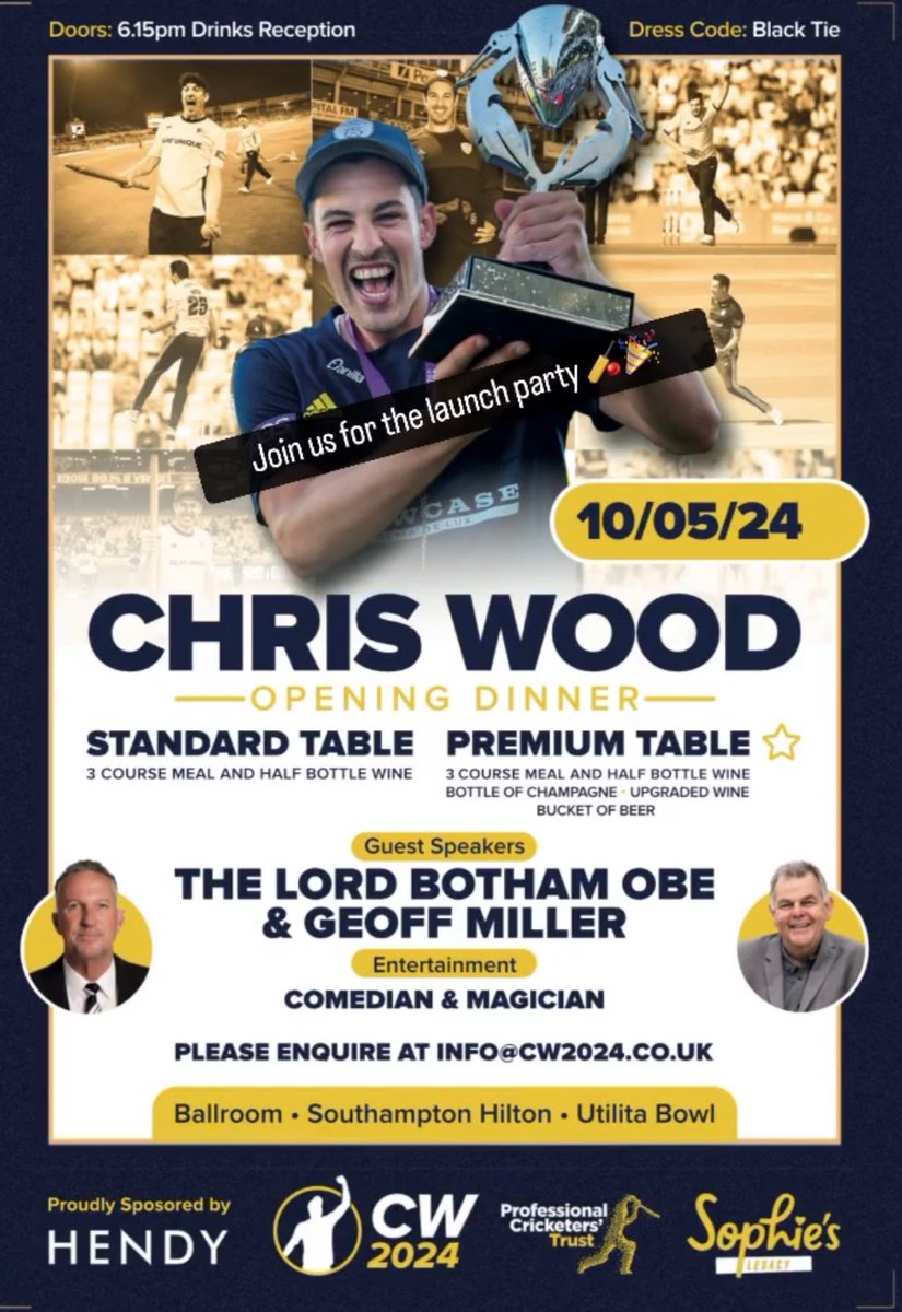 WoodyCW2024's tweet image. Don your gladrags and join Woody for a bedazzling night of fun and frolics to kick-start his testimonial year. Email info@cw2024.co.uk to book your table or individual seat now! #Cricket #BlackTie #FundraisingEvent #CricketFans #GalaDinner #Hampshire #HampshireLife