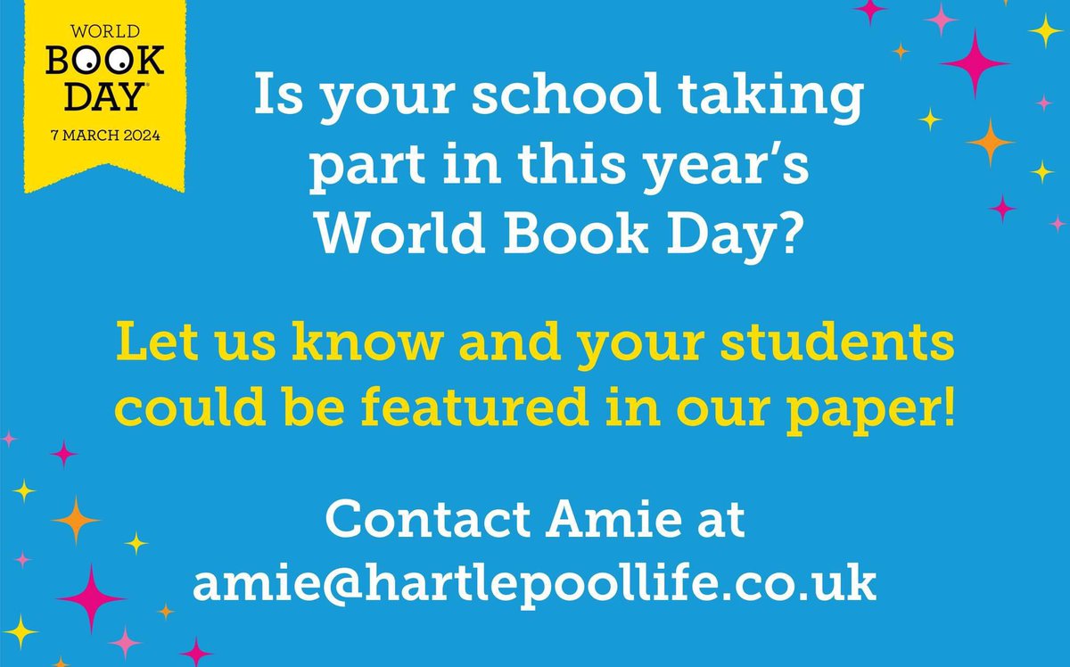✨📖 WORLD BOOK DAY 2024 📖✨

Is your school taking part in World Book Day on March 7th? Let us know and your students could be featured in our paper!

Contact Amie at amie@hartlepoollife.co.uk

#WorldBookDay