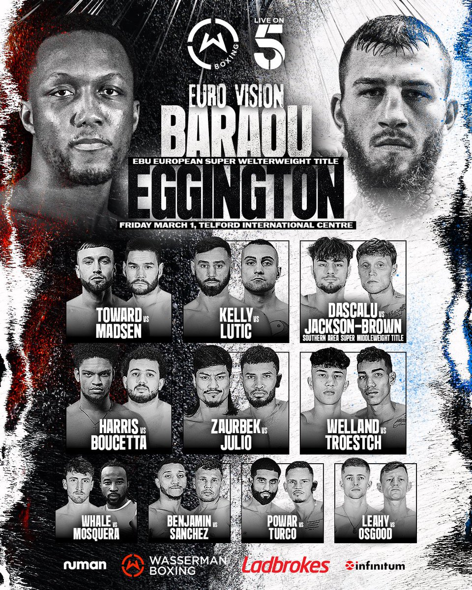 IT’S FIGHT DAY💥 Here is your full fight card headlined by @BaraouAbass and @eggington_sam battling it out for the EBU European Super Welterweight Title, live on @channel5_tv 🏆 @Ladbrokes | @SauerlandBros | #BaraouEggington