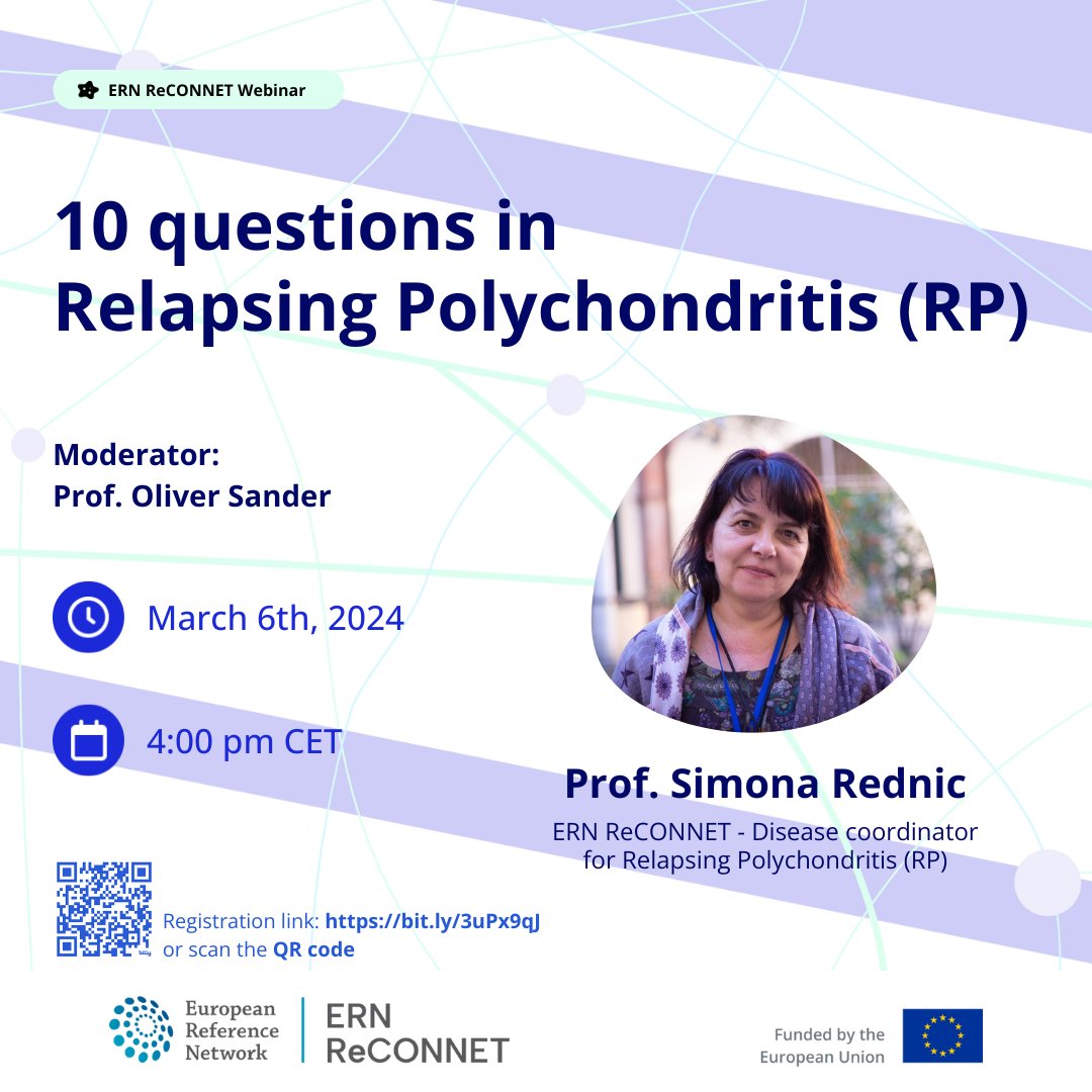 💚💗💙 Awareness never stops! 🆕@ern_reconnet #webinar: 1⃣0⃣Qs in #RelapsingPolychondritis (RP) with Prof Simona Rednic moderated by Prof Oliver Sander 🗓️March 6⃣th 4pm 🎯Patients caregivers family members Registration👉bit.ly/3uPx9qJ ℹ️ on RP👉bit.ly/3sxN37s