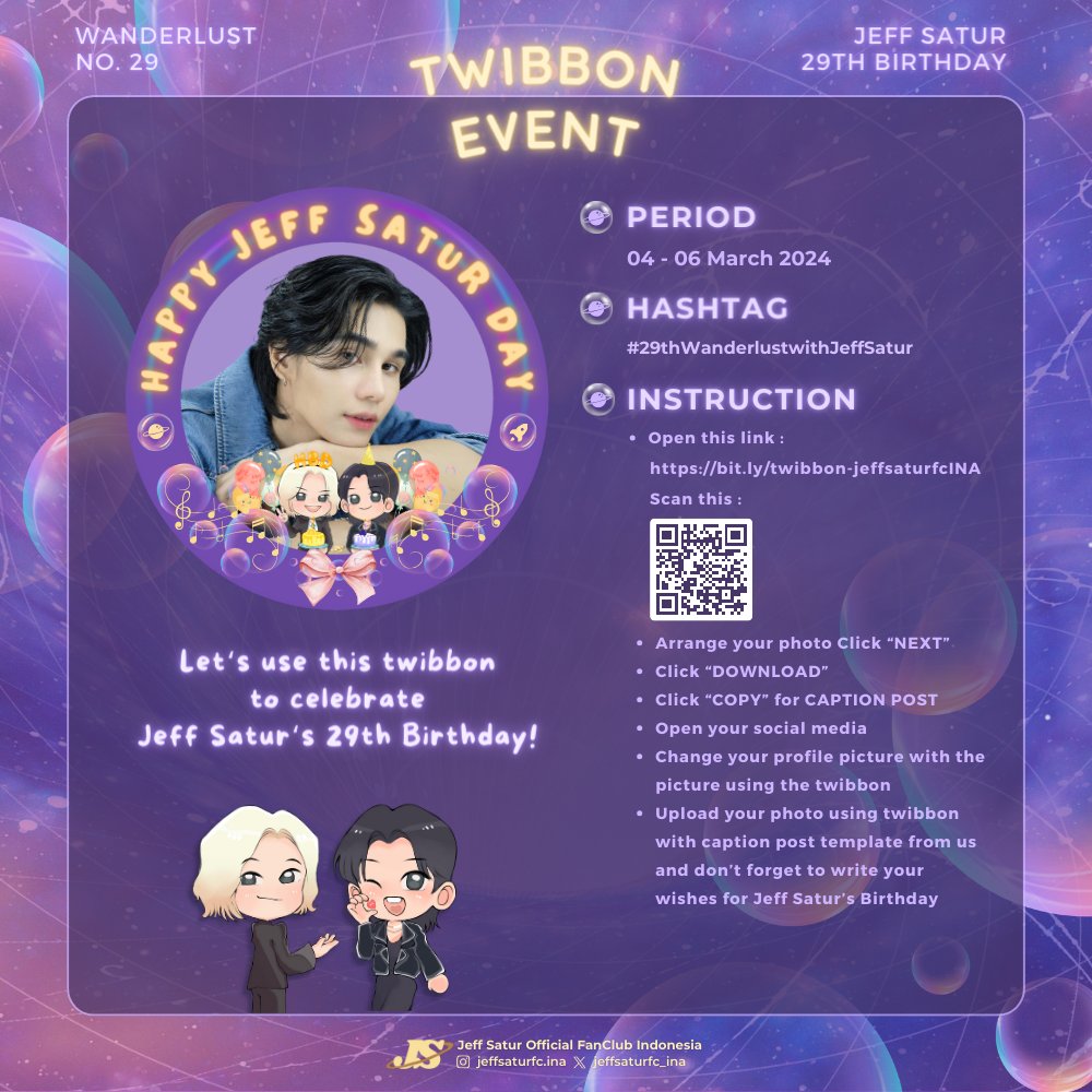 jeffsaturfc_ina's tweet photo. ✧ Jeff Satur Birthday Project #2

𝗧𝗪𝗜𝗕𝗕𝗢𝗡 𝗘𝗩𝗘𝗡𝗧 
by JeffSaturFC INA

Let's use this twibbon to celebrate Jeff Satur’s Birthday 🥰
 
You can use the Twibbon with this link below : 
📎 https://t.co/ubfSU2C3Tf

#JeffSatur #Saturdayss
#29thWanderlustwithJeffSatur https://t.co/LFCum4YjoX