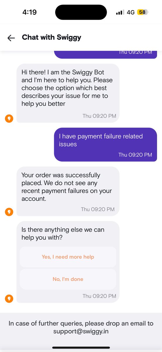 brajb92's tweet photo. @SwiggyCares 2.) Seems payment status took longer time then expected, we didnt see cancellation timer once moved backed to order page.
3.) Suspecting of any payment failure, I already contacted Help Center and got a reply saying we didnt see any payment failure. https://t.co/g8C2TEwE6p