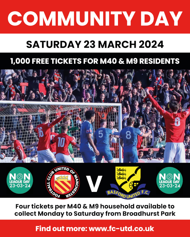 Last chance this week to pick up your tickets for our Community Day on Sat 23rd March. We're giving away 1,000 FREE TICKETS to M40 & M9 households for our game vs @Basfordutdfc If you're a local resident, pop down to the FC United with proof of address⤵️ fc-utd.co.uk/news-story/com…