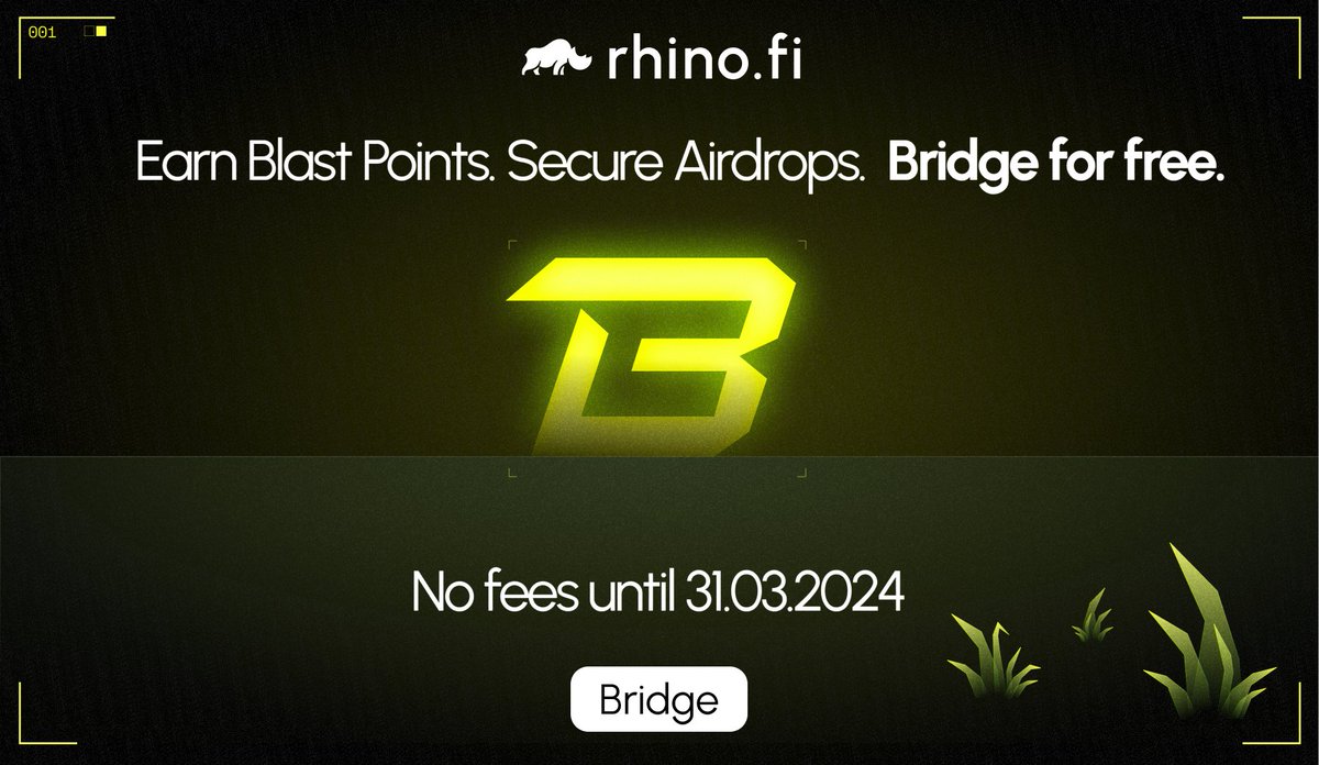 💥NEW NFT DROP💥

Exploring @Blast_L2 and want a quick and easy on-chain action?

We just launched our Blast NFT! Increase your Blast interactions by minting the NFTs all on rhino.fi and show you were there first 🦏

+ If you score above 7/10 on Blast, we’ve also