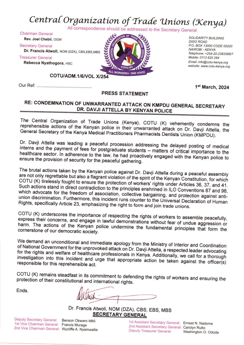 The ITUC joins @COTU_K in its condemnation of the brutal attack on DR Davji Bhimji Attellah by Kenyan police. ✊🏿Dr Davji Atellah, General Secretary @kmpdu, was shot while leading a demonstration of health workers.   📢We demand that Kenya upholds the rule of law and brings